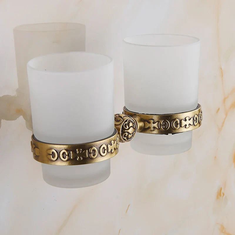 Afralia™ Brass Antique Glass Cup Holder Set Luxury Bathroom Accessories