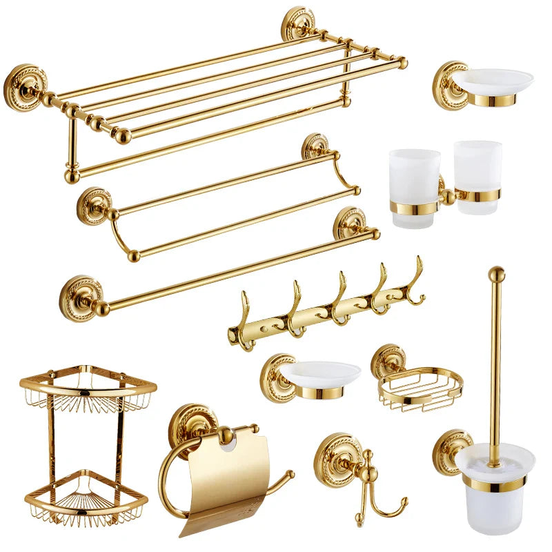 Afralia™ Brass Gold Bathroom Hardware Set: Towel Rack, Paper Holder, Toilet Brush, Hooks, Towel Ring