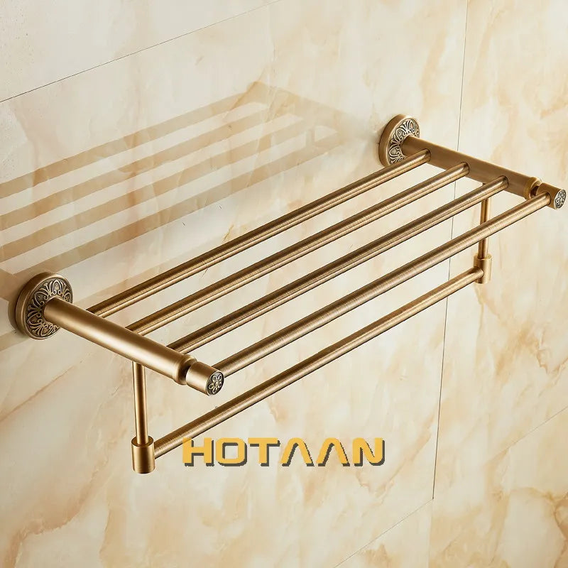 Afralia™ Brass Bath Towel Rack Square Double Towel Shelf Bathroom Accessories