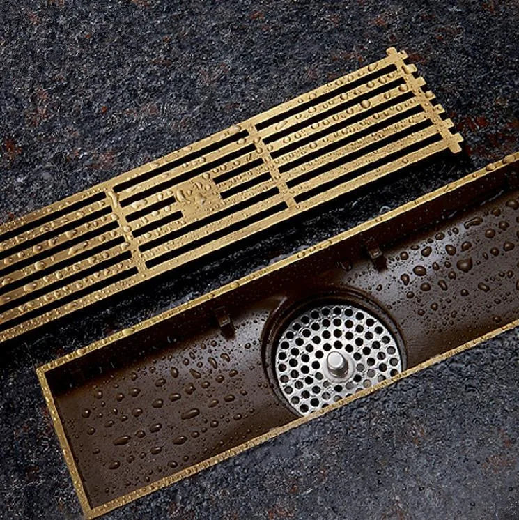 Afralia™ Antique Brass Linear Shower Floor Drain with Art Carved Cover