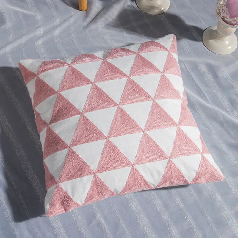 Afralia™ Pink Geometric Embroidered Cushion Cover 45x45cm Cotton Canvas Pillow Case