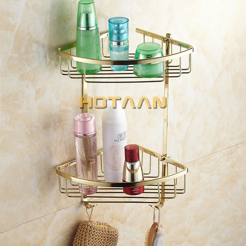 Afralia™ Gold Brass Double Layer Bathroom Shower Shelf Basket Holder