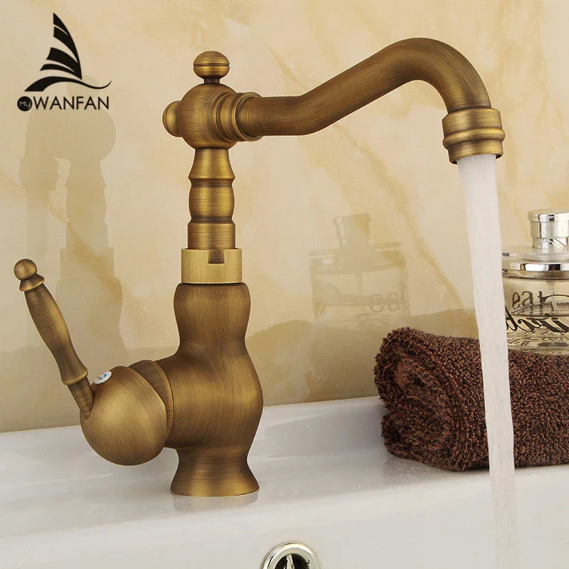 Afralia™ Antique Brass Bathroom Sink Faucet Swivel Spout Single Handle Hot Cold Mixer Tap