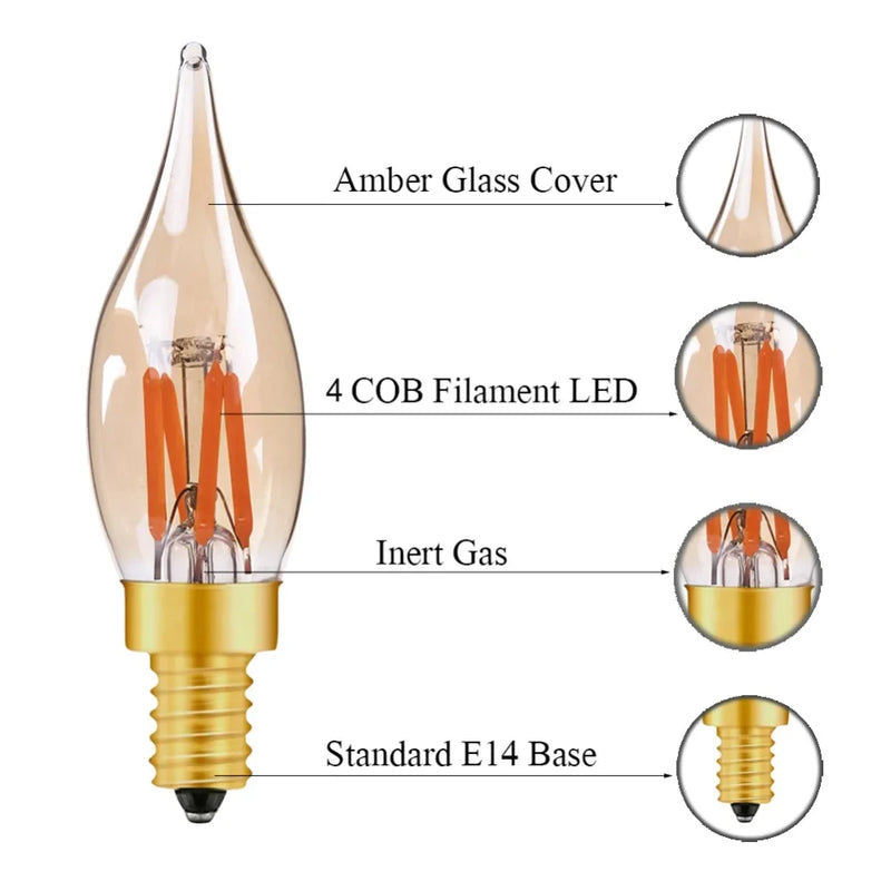 Afralia™ LED Filament Bulb C22T Gold Tint Candle Lamp E12 2W 2200K Chandelier Decoration