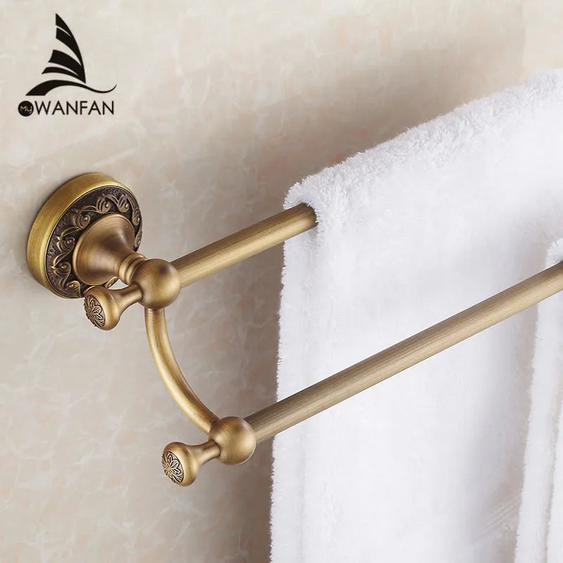 Afralia™ Antique Brass Double Towel Bar Bathroom Shelf Holder Towel Rack
