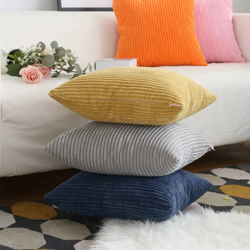 Afralia™ Velvet Cushion Cover Flocking Stripe Yellow Gray Pillow Case 45x45cm/60x60cm