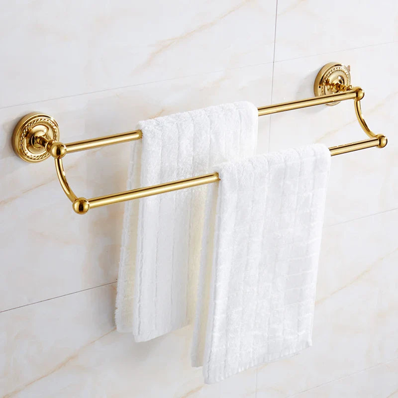 Afralia™ Brass Gold Bathroom Hardware Set: Towel Rack, Paper Holder, Toilet Brush, Hooks, Towel Ring