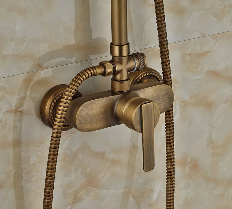 Afralia™ Antique Brass Wall Mount Shower Faucet with Hand Shower, 8" Rain Shower Head