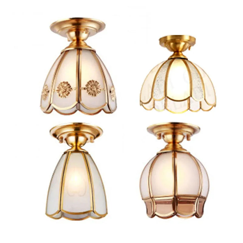 Afralia™ Luxury Copper Glass Flower Ceiling Light Fixture LED Gold Lamp