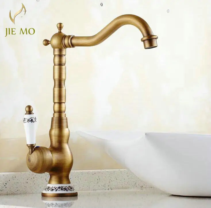 Afralia™ Antique Brass Porcelain Basin Mixer Hot Cold Tap - 360 Degree Swivel Kitchen Faucet