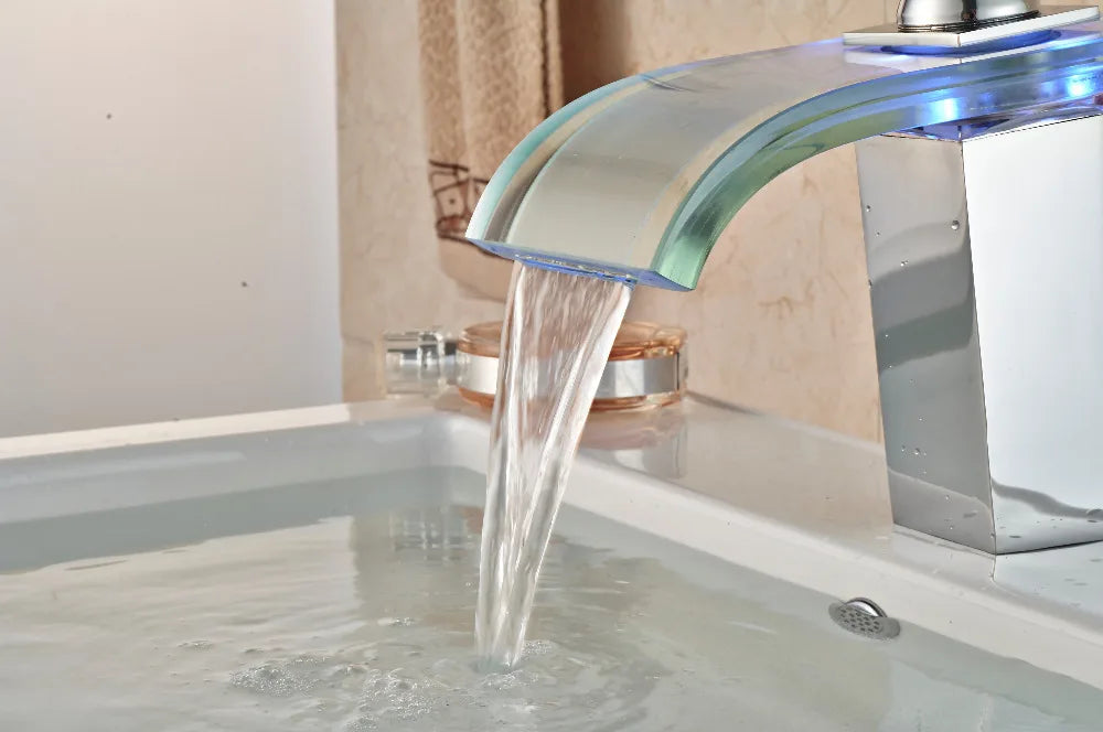 Afralia™ LED Glass Waterfall Basin Faucet | Square Single Handle Bathroom Sink Mixer