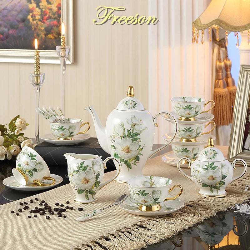 Afralia™ Camellia Bone China Tea & Coffee Set - Porcelain Teatime Pot, Cups, & Sugarpot