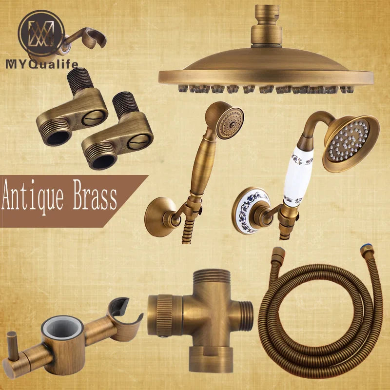 Afralia™ Antique Brass Shower Faucet Set with Rain Head, Hand Shower, Hose & Valve