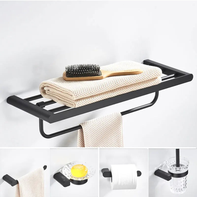 Afralia™ Matt Black Bathroom Accessories Set: Towel Rack, Corner Shelf, Paper Holder, Toilet Brush Holder.