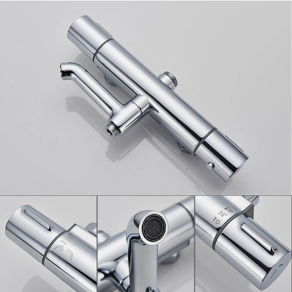 Afralia™ Chrome Thermostatic Rainfall Shower Set Wall Mount Rotate Watering Can Shower Faucet