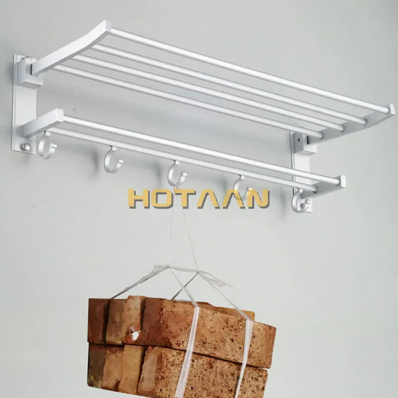 Afralia™ Foldable Aluminium Towel Holder with Hooks, Rust-Resistant Towel Rack