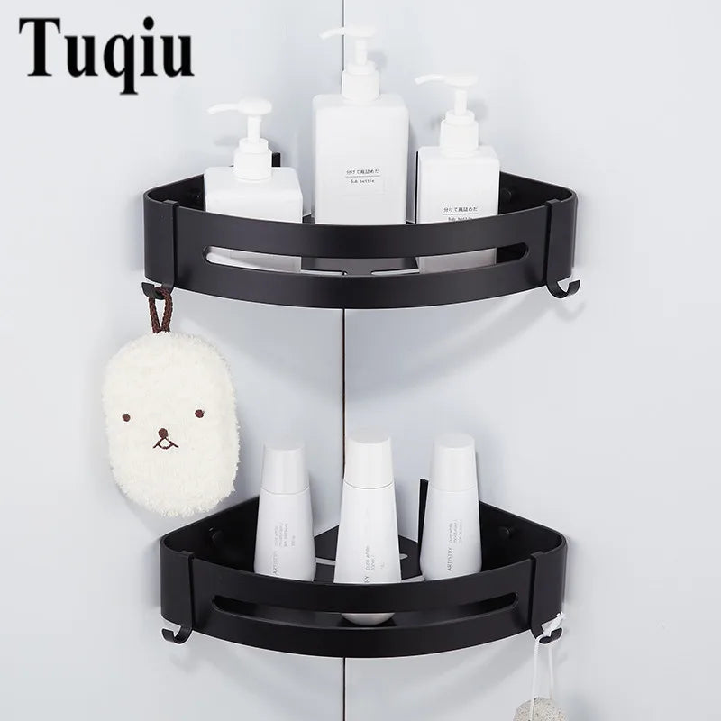 Afralia™ Black Aluminum Bathroom Corner Shelf Wall Mounted Soap Dish Holder