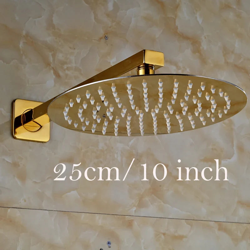 Afralia™ Golden Ultrathin Rainfall Shower Head Set with Wall Mount Brass Arm