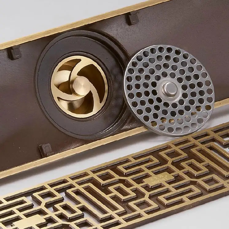 Afralia™ Antique Brass Linear Shower Floor Drain with Art Carved Cover