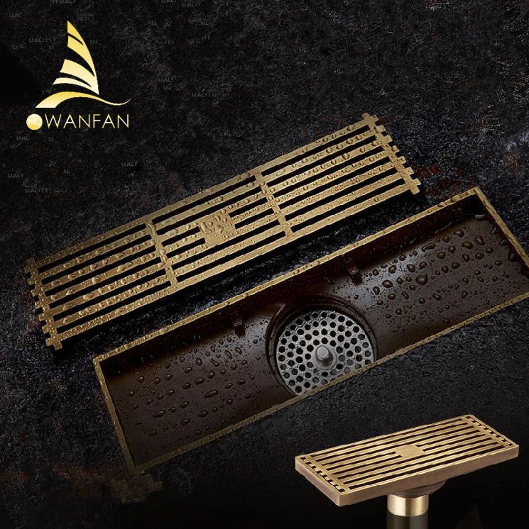 Afralia™ Antique Brass Linear Shower Floor Drain with Art Carved Cover