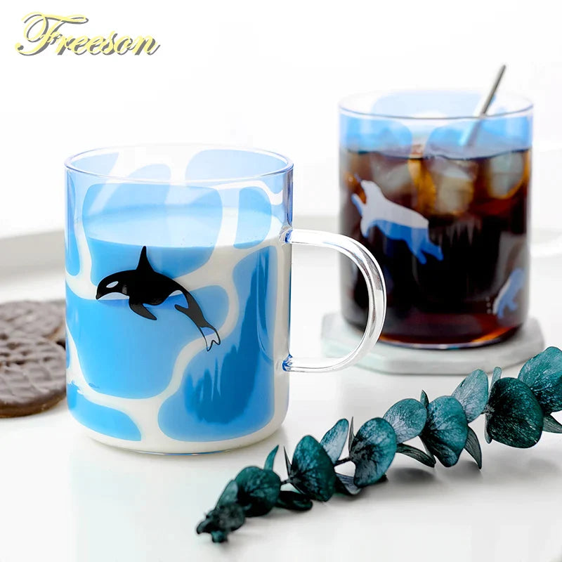 Afralia™ Killer Whale Glass Coffee Mug 350ml: Cute Polar Bear Tea Cup Heat Resistant Glass Beer Mug