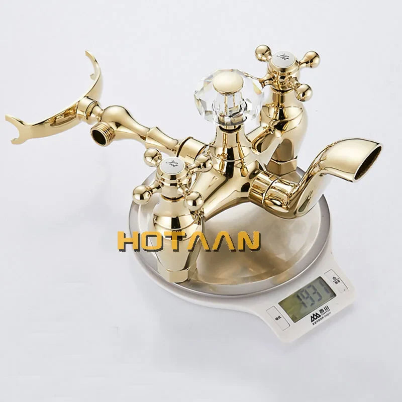 Afralia™ Gold Finish Bath Tub Faucet with Ceramic Handle and Handheld Shower AI-5329