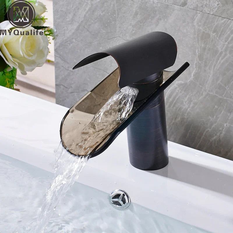Afralia™ Glass Waterfall Basin Faucet, Deck-Mounted Single Handle Bathroom Mixer Tap