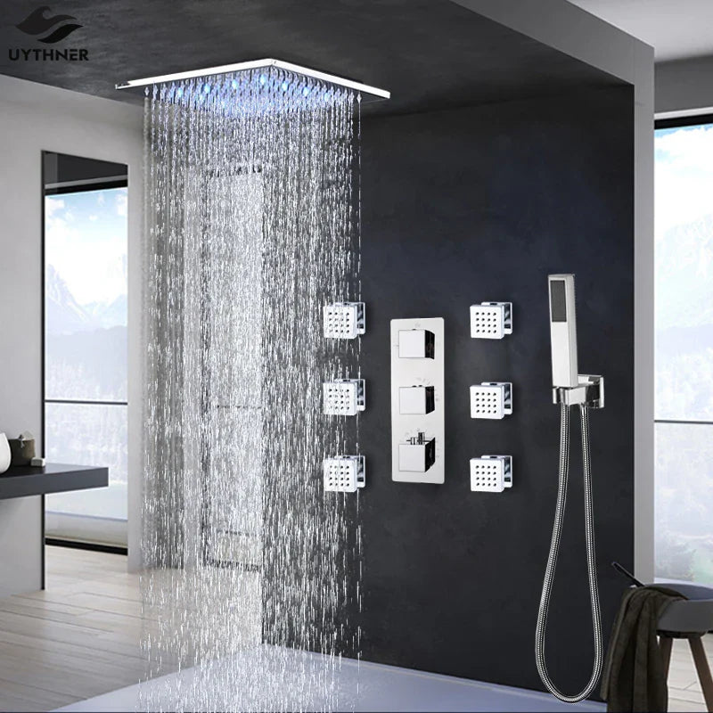 Afralia™ LED Thermostatic Shower Faucet Chrome Rain Bath Mixer Tap