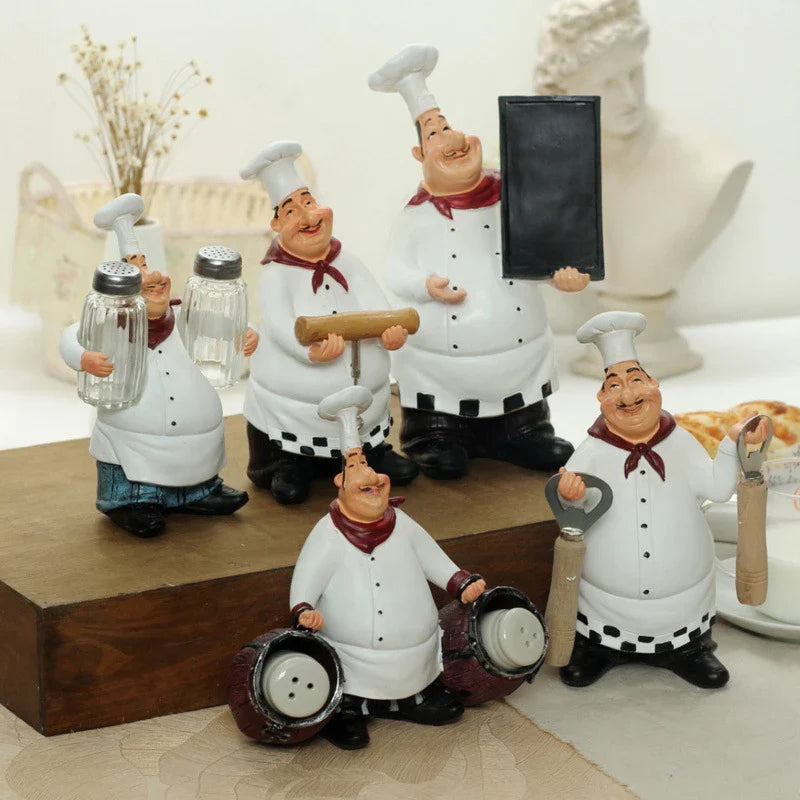 Afralia™ Chef Resin Figurines Set with Bottle Opener, Message Board, Salt and Pepper Can, Home Bar Ornament