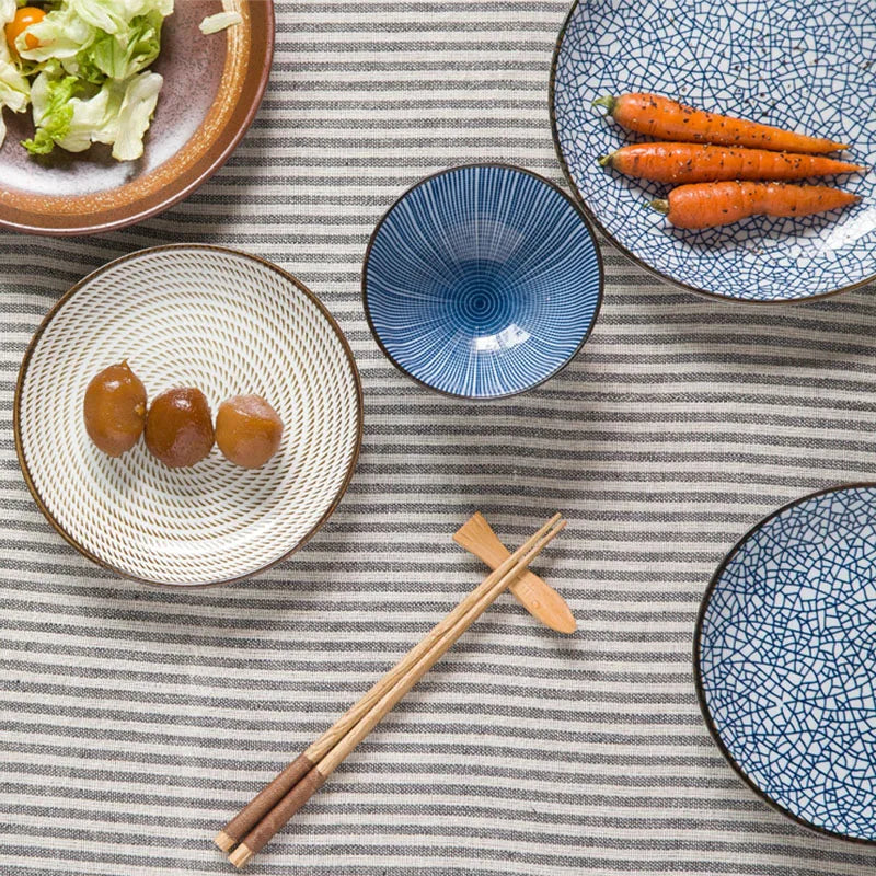 Afralia™ Japanese Style Ceramic Dinner Set - Blue Tableware Set with Bowl and Plate