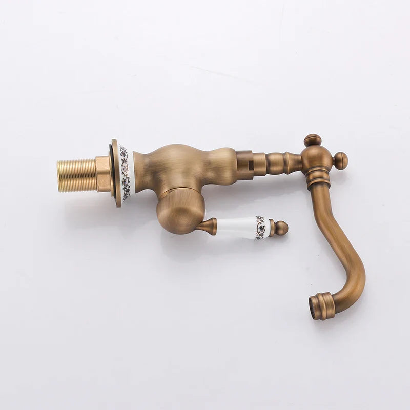 Afralia™ Antique Brass Bathroom Sink Faucet Single Handle Swivel Spout Hot Cold Mixer