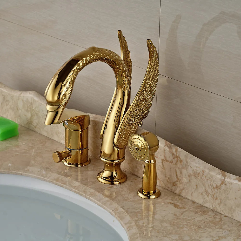 Afralia™ Swan Bathtub Faucet Deck Mount with Handheld Shower - Golden Finish