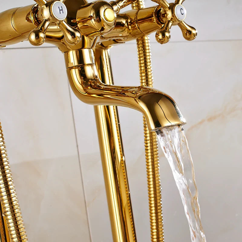 Afralia™ Gold Tub Sink Faucet with Handshower - Freestanding Bath Mixer Tap