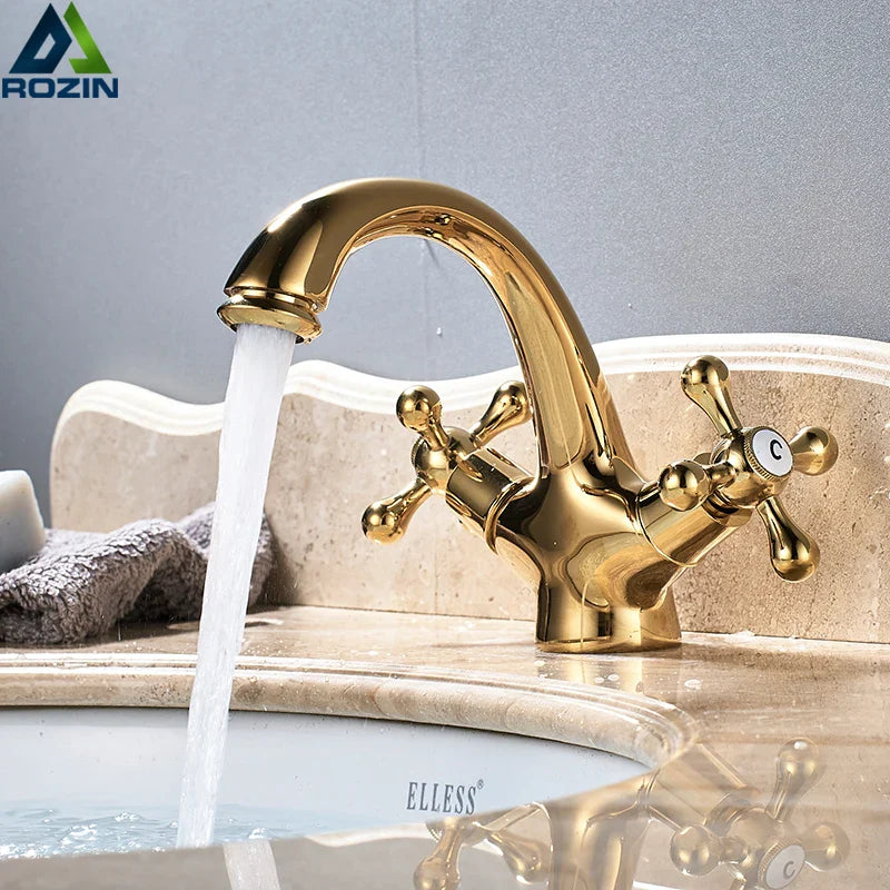 Afralia™ Gold Vessel Sink Mixer Tap Deck Mounted Basin Faucet Hot Cold Water Mixer