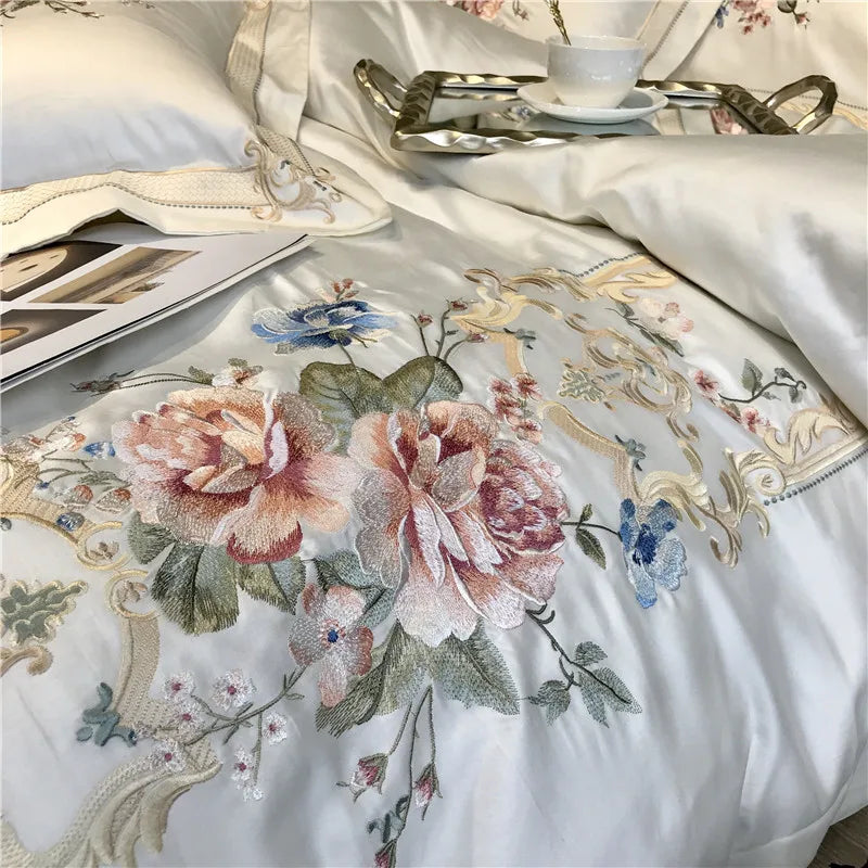Afralia™ Luxury Flowers Embroidery Bedding Set, White, 100S, 4Pcs, 7Pcs