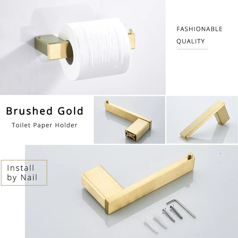 Afralia™ Brushed Gold Stainless Steel Bathroom Accessory Set: TP Holder, Towel Bar, Storage Shelf