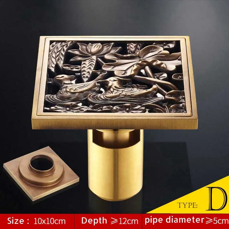 Afralia™ Antique Brass Fish Style Shower Drain 10cm Square Floor Drainer