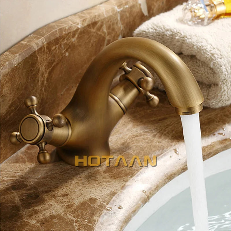 Afralia™ Antique Brass Double Handle Faucet Kitchen Bathroom Basin Mixer Robinet Antique