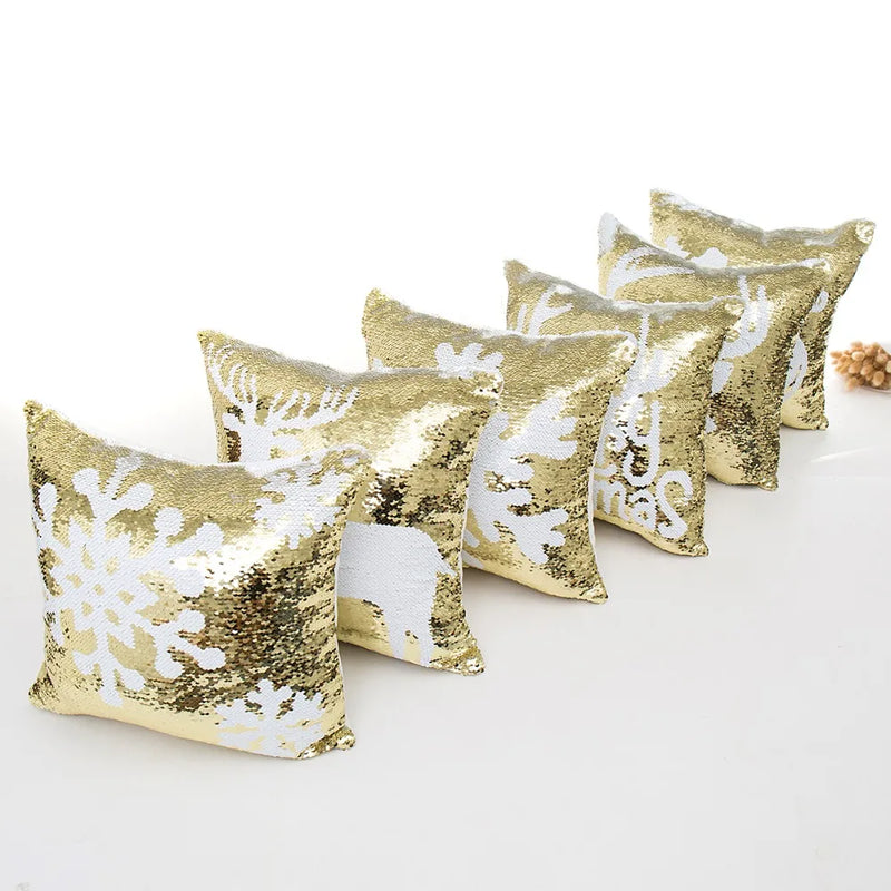 Golden Mermaid Snowflake Deer Sequin Christmas Pillow Cover for Sofa Bed Afralia™