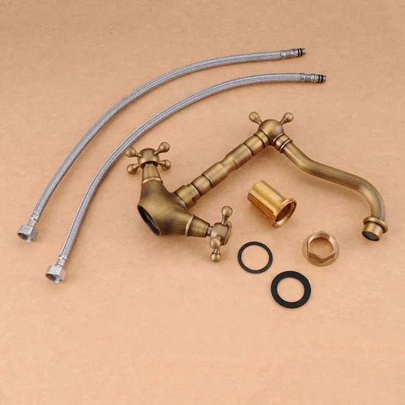 Afralia™ Antique Brass Double Cross Handle Basin Faucet - 360 Degree Swivel Spout