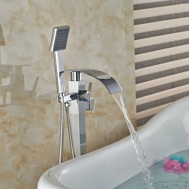 Afralia™ Chrome Finish Floor Mounted Bathtub Faucet Set with Hand Shower and Waterfall Spout