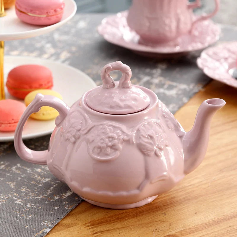 Afralia™ Pink Ceramic Tea Set Retro British Floral Teapot Mug Cafe Teatime Cup