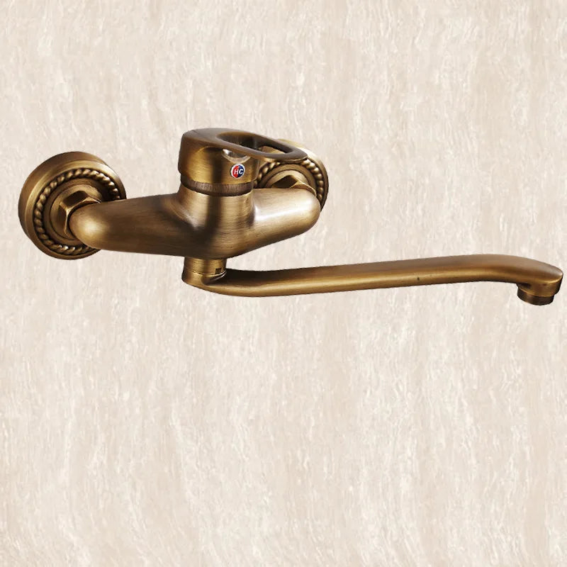 Afralia™ Antique Brass Bathroom Basin Faucet Long Spout Dual Handle Wall Mount