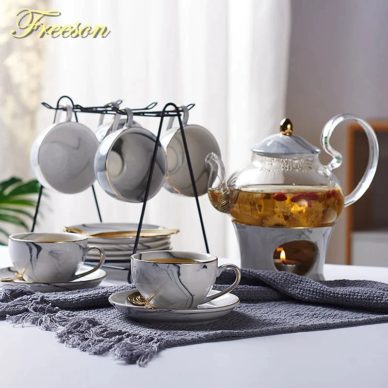 Afralia™ Nordic Marbling Porcelain Tea Set Tea Pot Teacup Coffee Cup Teaware Set