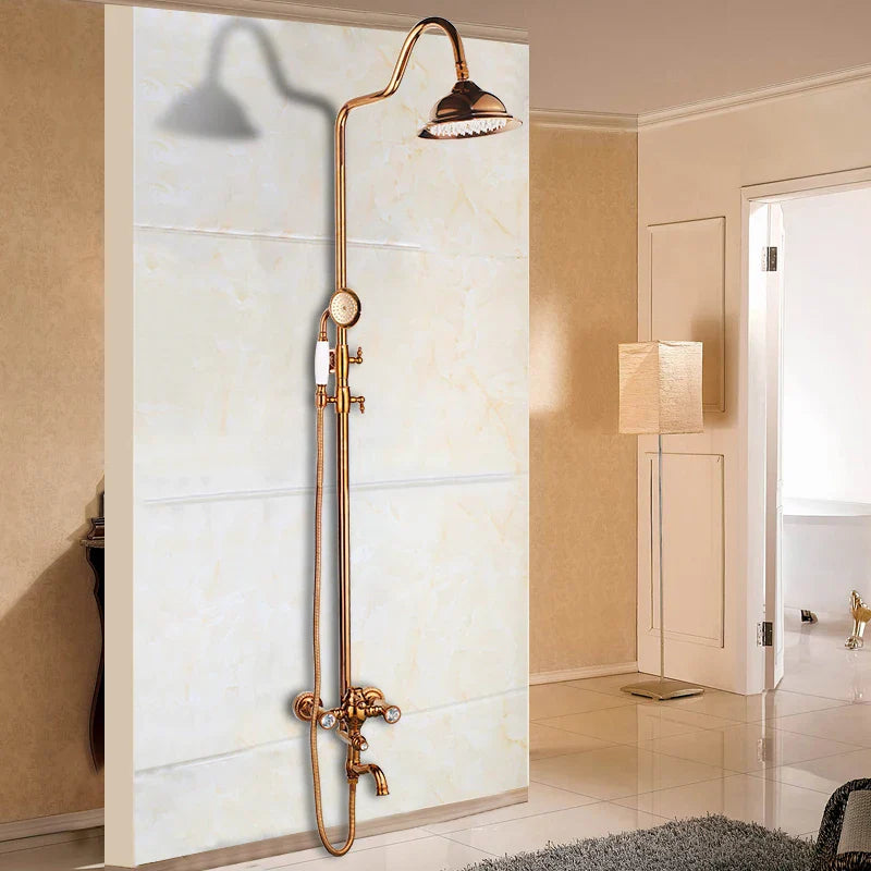 Afralia™ Rose Gold Brass Shower Set with Rainfall Head and Crystal Handles