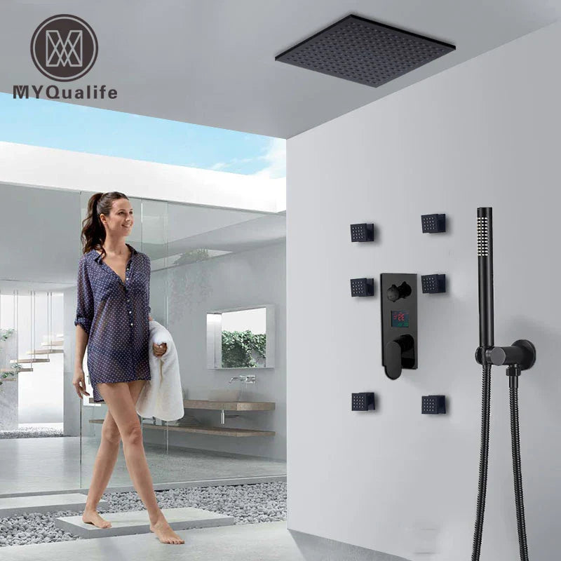 Afralia™ Matte Black Digital Display Shower Faucet Set with Concealed Mixing Valve