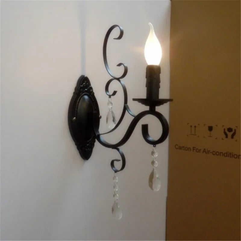 Afralia™ Black Wrought Iron Crystal Candle Wall Lamp