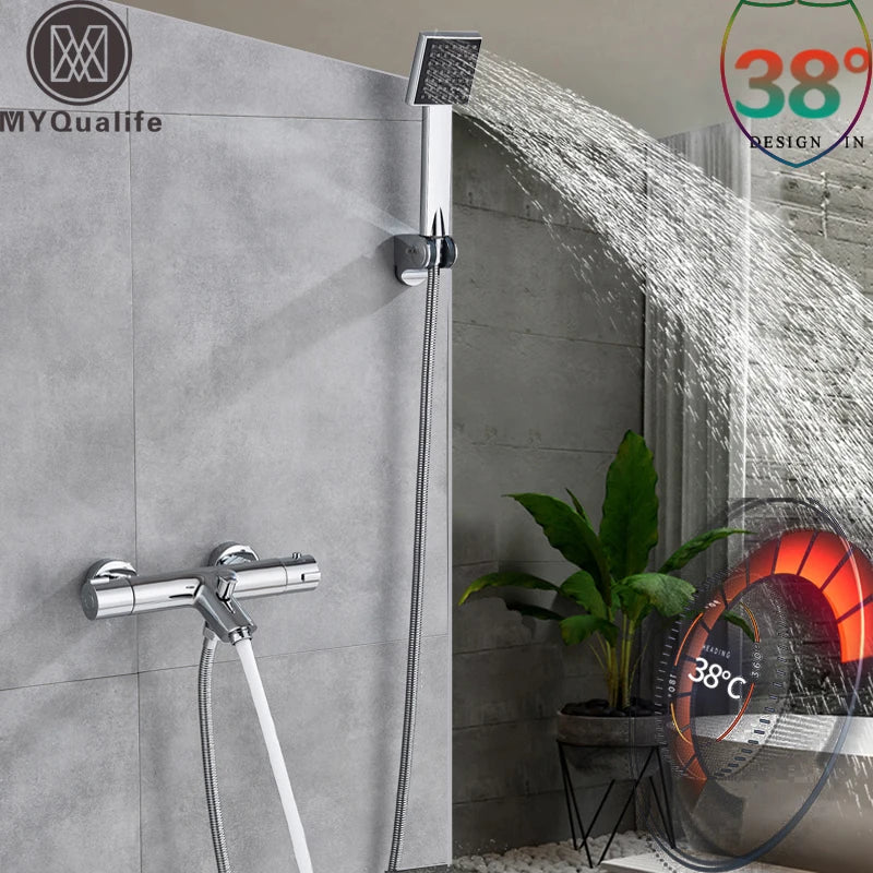Afralia™ Chrome Thermostatic Dual Handle Shower Mixer Tap Set with Handheld Shower
