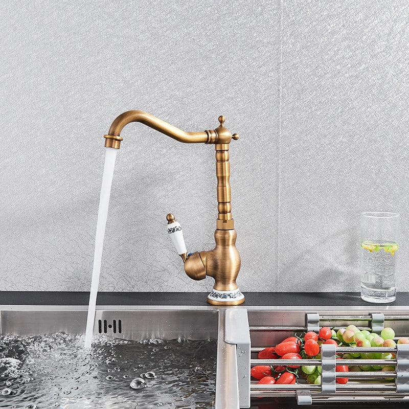 Afralia™ Antique Brass Ceramic Handle Basin Faucet, Deck Mounted Kitchen Sink Mixer Tap