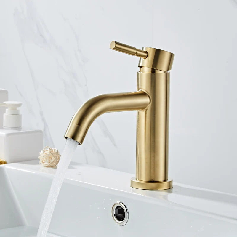 Afralia™ Brushed Gold Basin Faucet: Solid Brass, Cold Hot Water Mixer, Single Handle